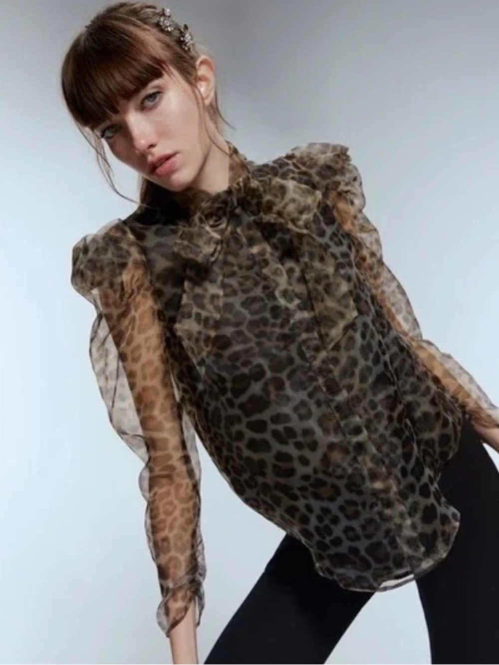 Zara Sheer Leopard Print Blouse in Brown and Black